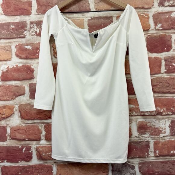 Lulus Over The Swoon Dress L White Stretchy Bodycon Long Sleeve Mini Zipper Back - Picture 1 of 7